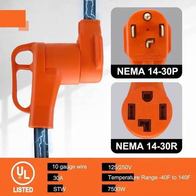 Alt view image 5 of 7 - Finderomend 25ft EV and Dryer Extension Cord,30 Amp 4 Prong Dryer Cord NEMA 14-30P to 14-30R 125/250V Fit for Electric Dryer/Tesla Model 3/S/X/Y Level 2 EV Charging Power Cable STW 10AWG UL/ETL Listed