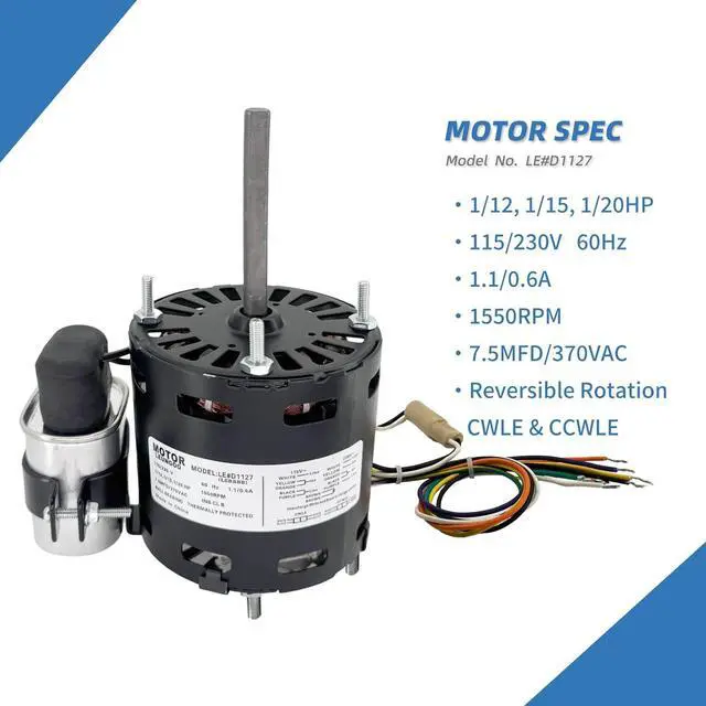 Alt view image 2 of 6 - 9721, D1127 Refrigeration Fan Motor Replaces Fasco Blower D1101 1126 Century 9650 AO Smith 9656 Bohn 25309101 5008, 1/12HP, 1/15, 1/20HP, 3.3in 1550RPM 115/230V, 60Hz 1.1/0.6A PD1127 EM1127