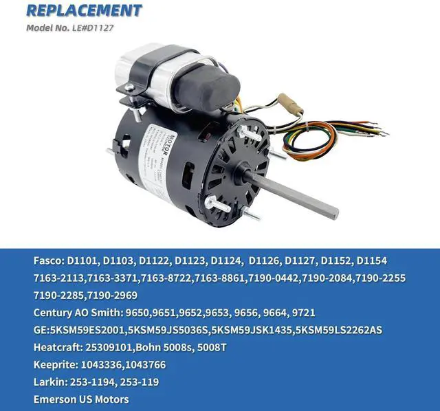 Alt view image 3 of 6 - 9721, D1127 Refrigeration Fan Motor Replaces Fasco Blower D1101 1126 Century 9650 AO Smith 9656 Bohn 25309101 5008, 1/12HP, 1/15, 1/20HP, 3.3in 1550RPM 115/230V, 60Hz 1.1/0.6A PD1127 EM1127