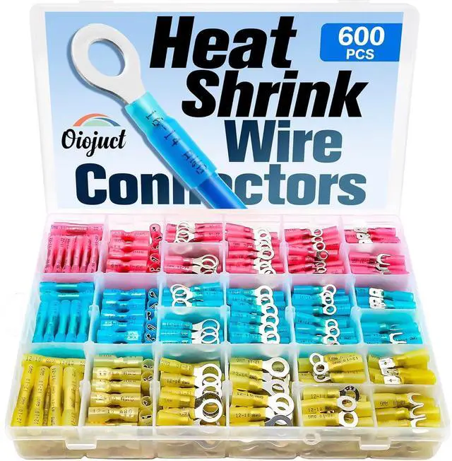 Main image of 600Pcs Heat Shrink Wire Connectors Electrical Kit - Oiojuct Marine Automotive Crimp Terminals Assortment, Waterproof Ring Fork Spade Electrical Butt Connector