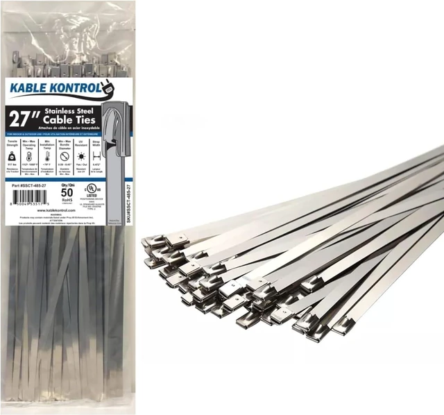 Main image of Kable Kontrol Metal Zip Ties 27 Inch 50 Pcs, 485 Lbs Tensile Strength, Self-Locking Multi-Purpose 304 Stainless Steel Heavy Duty Cable Ties Ideal for Exhaust Wrap, Outdoor and Indoor Use