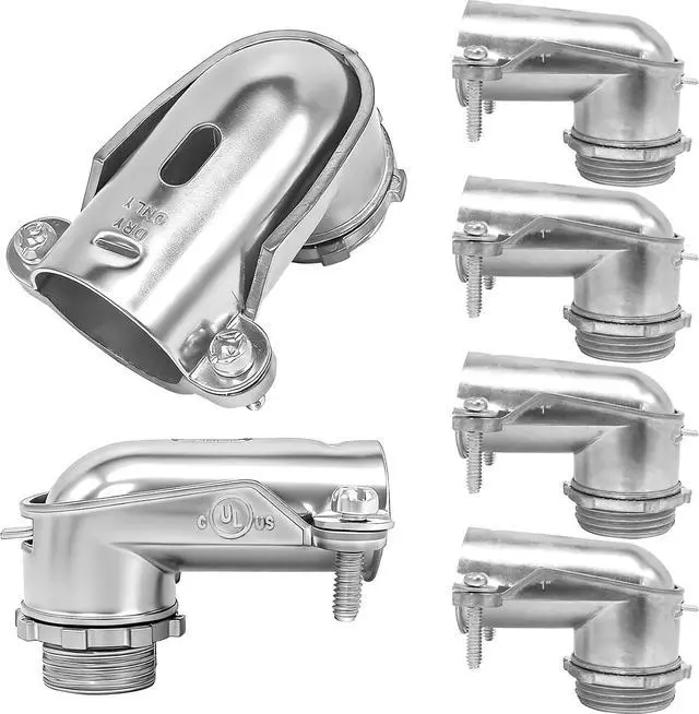 Main image of 1" 90° BX Squeeze Connectors (6-Pack) - UL Listed Zinc Die Cast Elbow Fittings for AC/MC/Flex Metal Conduit