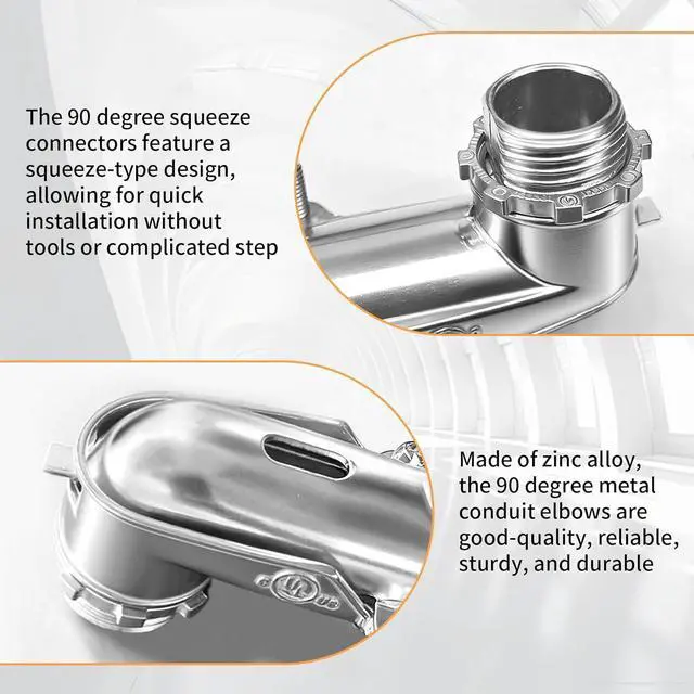 Alt view image 5 of 7 - 1" 90° BX Squeeze Connectors (6-Pack) - UL Listed Zinc Die Cast Elbow Fittings for AC/MC/Flex Metal Conduit