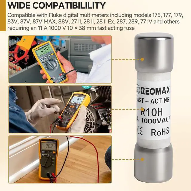 Alt view image 3 of 7 - (5-Pack) FLU-11A 11A 1000V Multimeter Fast-Blow Fuse High Voltage Protection, Compatible with Various Multimeters, Reliable and Durable