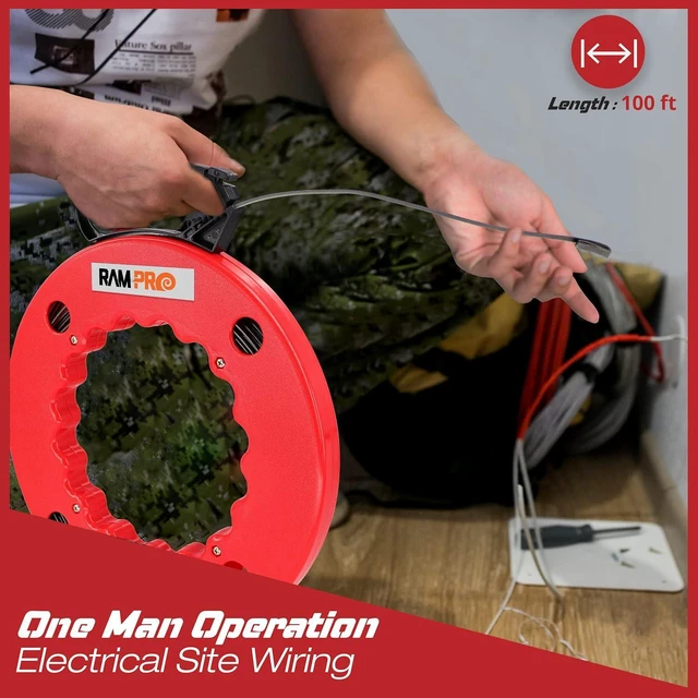 Alt view image 2 of 6 - Fish Tape Wire Puller 100ft - Easy to use Cable Puller Tool with Double Loop Tip - Flexible Wire Fishing Tools for Walls and Electrical Conduit - 1/8 Steel Fish Tape Durable Housing - RamPro (100 ft)