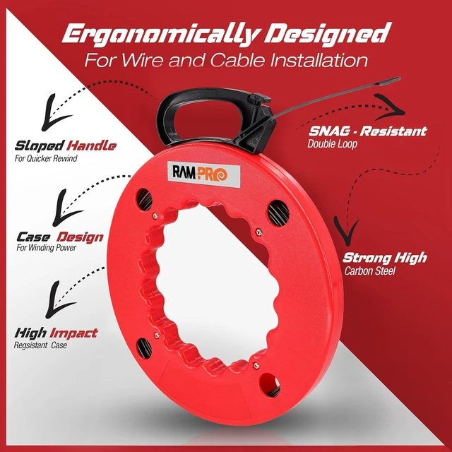 Alt view image 6 of 6 - Fish Tape Wire Puller 100ft - Easy to use Cable Puller Tool with Double Loop Tip - Flexible Wire Fishing Tools for Walls and Electrical Conduit - 1/8 Steel Fish Tape Durable Housing - RamPro (100 ft)