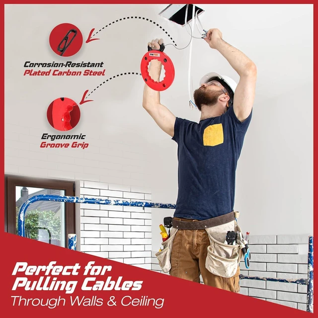 Alt view image 5 of 6 - Fish Tape Wire Puller 100ft - Easy to use Cable Puller Tool with Double Loop Tip - Flexible Wire Fishing Tools for Walls and Electrical Conduit - 1/8 Steel Fish Tape Durable Housing - RamPro (100 ft)