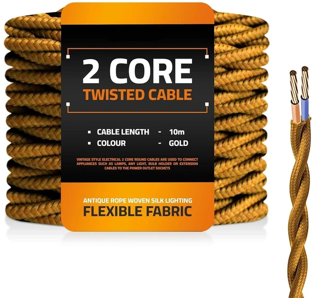 Main image of 32.8ft Golden Vintage Cloth Covered Twisted Electrical Wire 18 Gauge 2-Conductor Fabric Cable for Pendant Lights Lamps DIY Lighting Retro & Antique Home Decor(Golden)