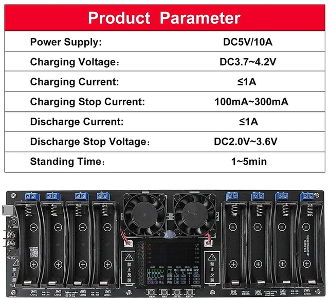 Alt view image 4 of 6 - 8-Channel 18650 Lithium Battery Auto Charge/Discharge Tester Capacity Internal Resistance Tester 2.4-in Screen DC 5V