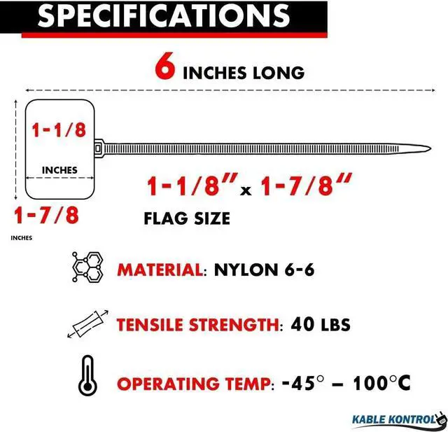 Alt view image 2 of 7 - Kable Kontrol Write On Wide Flag Identification Zip Tie Tags 6" Cable Markers 17/8" x 11/8" Writable Flag 100 Pcs - SelfLocking Nylon Marker Cable Ties for Cable Labeling & Organization - Red