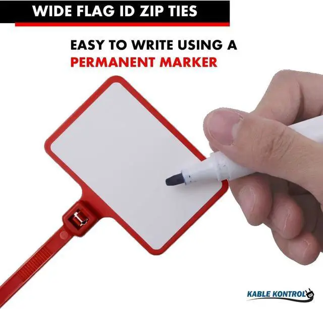 Alt view image 3 of 7 - Kable Kontrol Write On Wide Flag Identification Zip Tie Tags 6" Cable Markers 17/8" x 11/8" Writable Flag 100 Pcs - SelfLocking Nylon Marker Cable Ties for Cable Labeling & Organization - Red