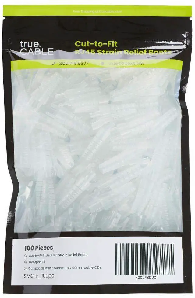 Alt view image 2 of 7 - trueCABLE RJ45 Strain Relief Boots, Small 5.5 to 7.0mm Cut-to-Fit PVC Plug Cover, Transparent, 100 Pieces