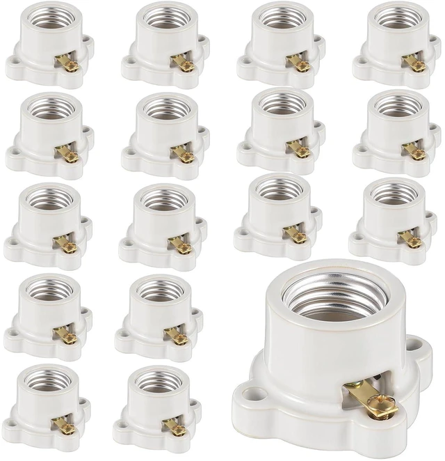 Main image of 16 Pcs Porcelain Lamp Holder Socket E26/E27 Medium Keyless Threaded Socket with Two Hole Flanged Mounting 660W 250V Medium Base Lampholder Cleat Sockets for Indoor Garage Closet Lighting