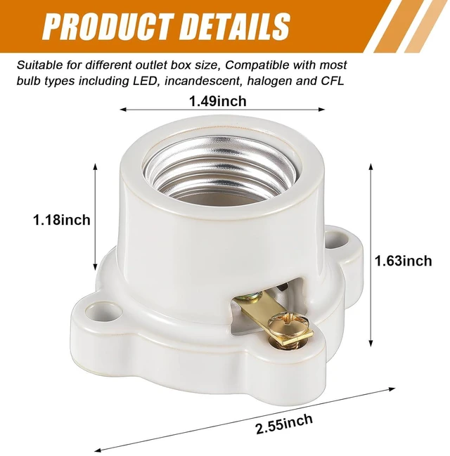 Alt view image 2 of 6 - 16 Pcs Porcelain Lamp Holder Socket E26/E27 Medium Keyless Threaded Socket with Two Hole Flanged Mounting 660W 250V Medium Base Lampholder Cleat Sockets for Indoor Garage Closet Lighting