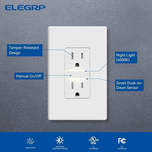 Alt view image 2 of 7 - ELEGRP Decorator Outlet with Night Light 4000K, TR Tamper Resistant Wall Receptacle, 15A 125V Electrical Outlet, Self-grounding, with Mid Wall Plate, UL Listed (Matte White, 4 Pack)