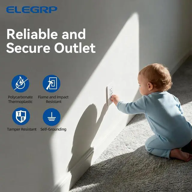 Alt view image 4 of 7 - ELEGRP Decorator Outlet with Night Light 4000K, TR Tamper Resistant Wall Receptacle, 15A 125V Electrical Outlet, Self-grounding, with Mid Wall Plate, UL Listed (Matte White, 4 Pack)