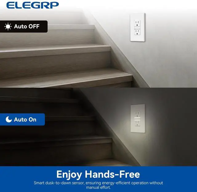 Alt view image 5 of 7 - ELEGRP Decorator Outlet with Night Light 4000K, TR Tamper Resistant Wall Receptacle, 15A 125V Electrical Outlet, Self-grounding, with Mid Wall Plate, UL Listed (Matte White, 4 Pack)