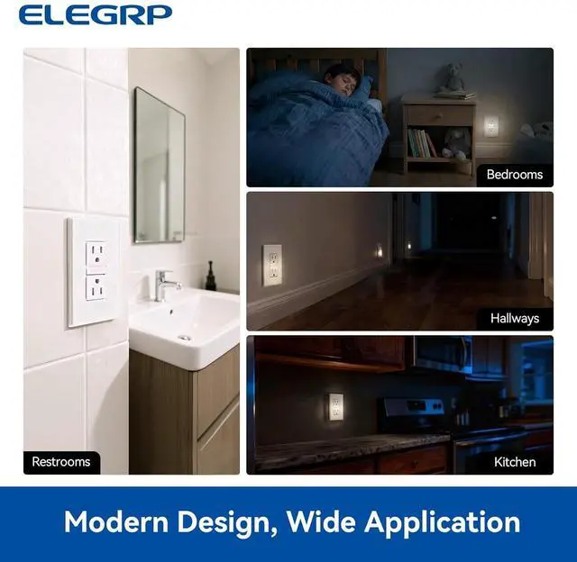 Alt view image 7 of 7 - ELEGRP Decorator Outlet with Night Light 4000K, TR Tamper Resistant Wall Receptacle, 15A 125V Electrical Outlet, Self-grounding, with Mid Wall Plate, UL Listed (Matte White, 4 Pack)