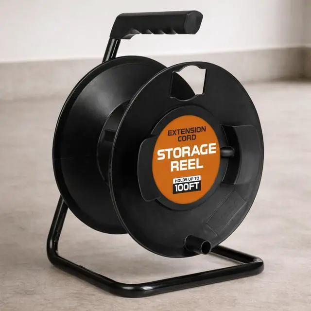 Main image of Extension Cord Storage Reel with Metal Stand, Black - Portable Cable Reel, Holds Up to 100 Ft of Electrical Cord, Hose, or Rope