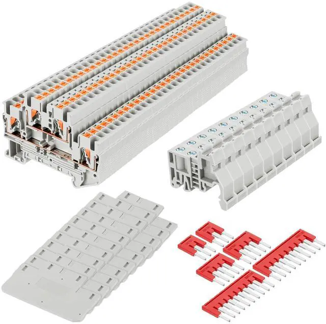 Main image of DIN Rail Terminal Block Twin Spring Terminal Connectors Push in Type PT Screwless Wire Wiring Connector with 10 Covers 10 End Stops 6 Jumpers (ST2-2.5/2-2, 56 Pcs)
