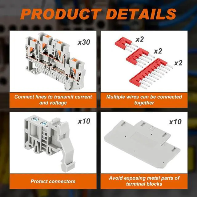 Alt view image 3 of 7 - DIN Rail Terminal Block Twin Spring Terminal Connectors Push in Type PT Screwless Wire Wiring Connector with 10 Covers 10 End Stops 6 Jumpers (ST2-2.5/2-2, 56 Pcs)