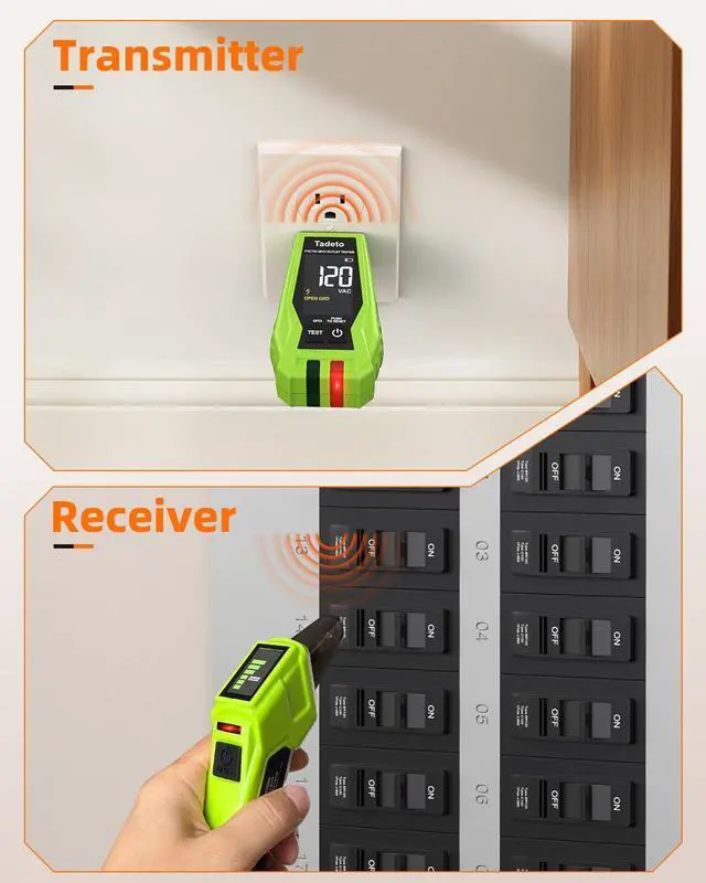Alt view image 6 of 7 - Tadeto Circuit Breaker Finder with Outlet Tester, Quick GFCI, Voltage, AC 90-135V Electrical Circuit Tracer with Dual LCD Display, Batteries and Carrying Case