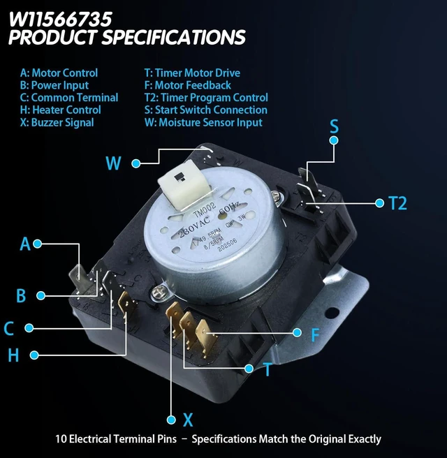 Alt view image 3 of 7 - W11566735 Dryer Timer Assembly, Replaces W11685947 for Whirlpool Electric Dryers 220 VAC 60 Hz | Dual-Speed 1/49.5 & 8/5 RPM | 3-Wire Easy Install | AP7215858 PS17216594