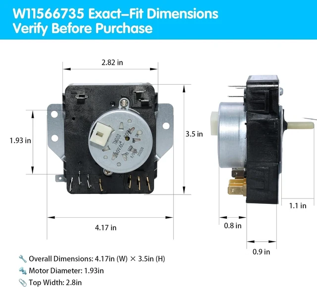 Alt view image 5 of 7 - W11566735 Dryer Timer Assembly, Replaces W11685947 for Whirlpool Electric Dryers 220 VAC 60 Hz | Dual-Speed 1/49.5 & 8/5 RPM | 3-Wire Easy Install | AP7215858 PS17216594