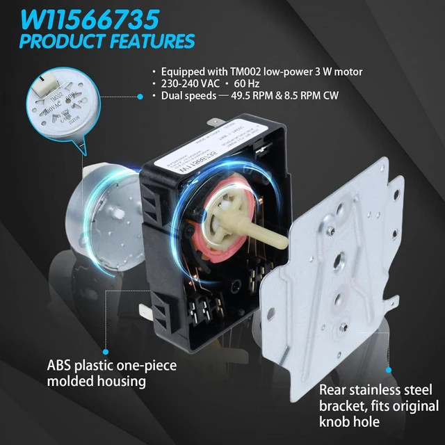 Alt view image 2 of 7 - W11566735 Dryer Timer Assembly, Replaces W11685947 for Whirlpool Electric Dryers 220 VAC 60 Hz | Dual-Speed 1/49.5 & 8/5 RPM | 3-Wire Easy Install | AP7215858 PS17216594