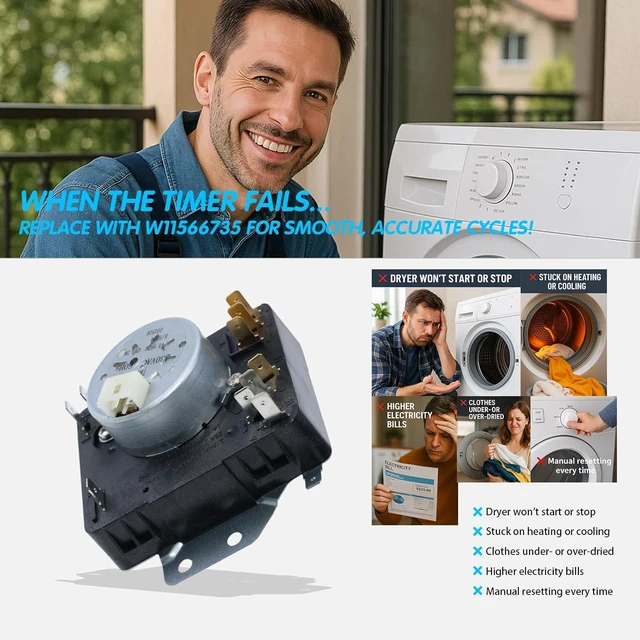 Alt view image 7 of 7 - W11566735 Dryer Timer Assembly, Replaces W11685947 for Whirlpool Electric Dryers 220 VAC 60 Hz | Dual-Speed 1/49.5 & 8/5 RPM | 3-Wire Easy Install | AP7215858 PS17216594