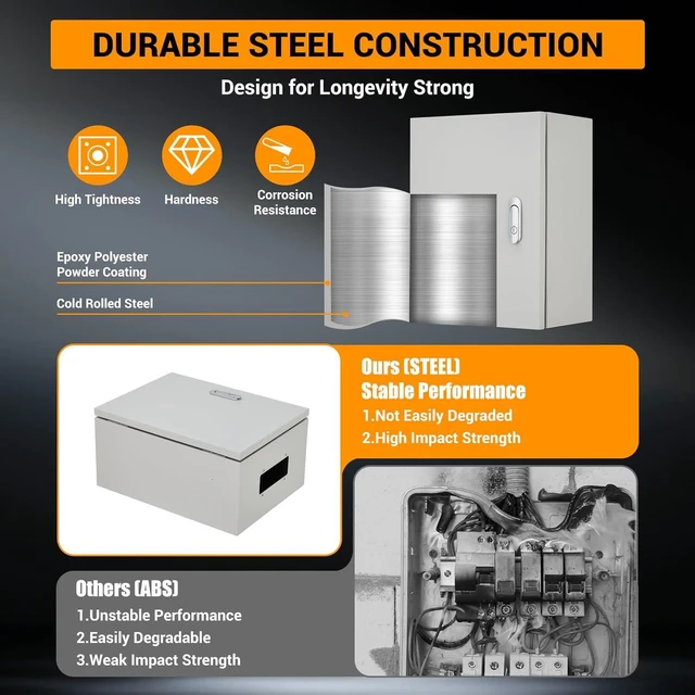 Alt view image 5 of 7 - Outdoor Electrical Box, 14"x10"x6" NEMA 4X Steel Enclosure, IP67 Waterproof & Dustproof, Lockable Electrical Junction Box with Mounting Plate and 2 Keys, Indoor and Outdoor Use
