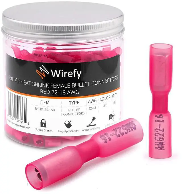 Main image of Wirefy 150 PCS Heat Shrink Female Bullet Connectors - Female Wire Bullet Connectors - Electrical Bullet Butt Terminals - Red 22-16 AWG