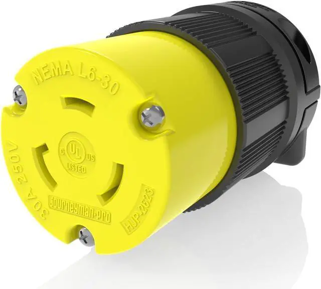 Main image of Journeyman-Pro NEMA L6-30R 30 Amp, 250 Volt, 2P, 3W, HJP-2623 Locking Female Plug Connector, Black Yellow Industrial Grade, Grounding 7500 Watts Generator (L6-30R Female Plug)