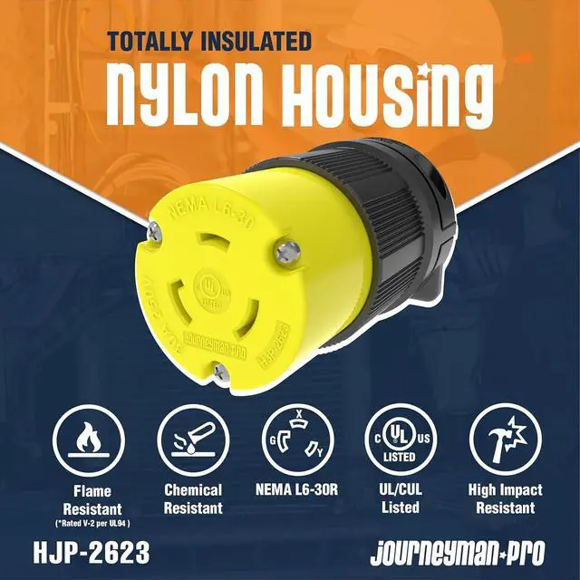 Alt view image 2 of 7 - Journeyman-Pro NEMA L6-30R 30 Amp, 250 Volt, 2P, 3W, HJP-2623 Locking Female Plug Connector, Black Yellow Industrial Grade, Grounding 7500 Watts Generator (L6-30R Female Plug)
