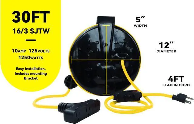 Alt view image 2 of 7 - 30 Ft Retractable Extension Cord Reel, 16/3 SJTW Power Cord with 3 Electrical Outlets, Ceiling or Wall Mount, 10 Amp Circuit Breaker, Adjustable Stopper, Metal Plate, UL Listed, Yellow
