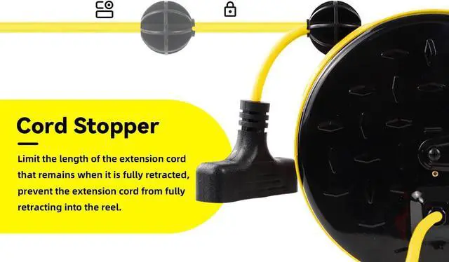 Alt view image 4 of 7 - 30 Ft Retractable Extension Cord Reel, 16/3 SJTW Power Cord with 3 Electrical Outlets, Ceiling or Wall Mount, 10 Amp Circuit Breaker, Adjustable Stopper, Metal Plate, UL Listed, Yellow