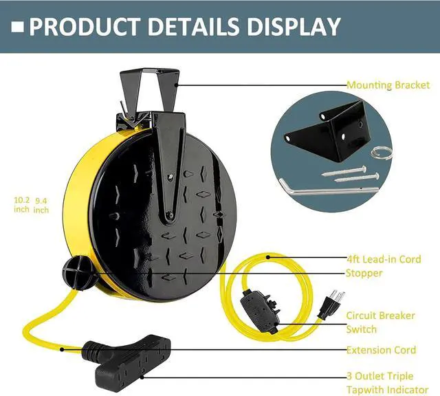Alt view image 3 of 7 - 30 Ft Retractable Extension Cord Reel, 16/3 SJTW Power Cord with 3 Electrical Outlets, Ceiling or Wall Mount, 10 Amp Circuit Breaker, Adjustable Stopper, Metal Plate, UL Listed, Yellow