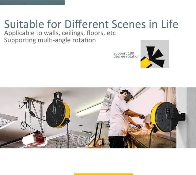 Alt view image 7 of 7 - 30 Ft Retractable Extension Cord Reel, 16/3 SJTW Power Cord with 3 Electrical Outlets, Ceiling or Wall Mount, 10 Amp Circuit Breaker, Adjustable Stopper, Metal Plate, UL Listed, Yellow