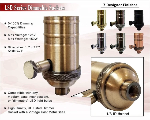 Alt view image 3 of 7 - Royal Designs Vintage Full Range Dimmer Turn Knob Lamp Socket, Antique Brass, Set of 2
