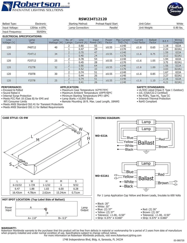 Alt view image 3 of 4 - ROBERTSON 2P20132 Quik-Pak of 10 Fluorescent eBallast, 2 F40T12 Linear Lamp, Preheat- Rapid Start, 120Vac, 50-60Hz, Normal Ballast Factor, NPF, Model RSW234T12120 /A (Replaces Model RSW240T12120 /B)