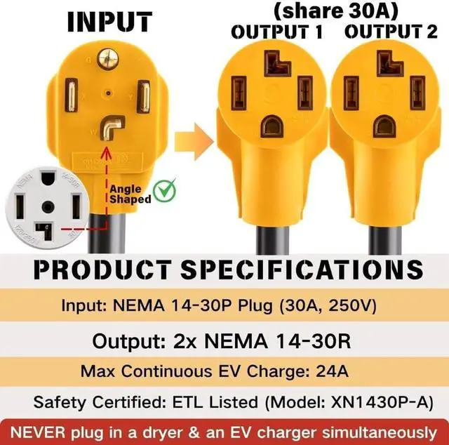 Alt view image 2 of 7 - MECMO 4 Prong Dryer Y Splitter 30 Amp NEMA 14-30P to 2x 14-30R Power Cord Connector Y Adapter, 120V/240V 30A Dual 14-30R Receptacle for 4-Prong 14-30 New Dryer Plug and EV Charger, STW 10 AWG 4C 2.2ft