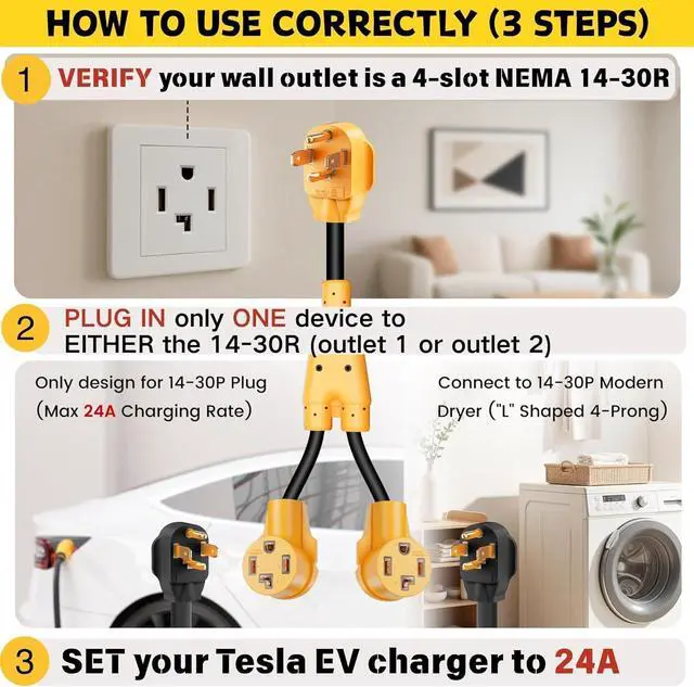 Alt view image 3 of 7 - MECMO 4 Prong Dryer Y Splitter 30 Amp NEMA 14-30P to 2x 14-30R Power Cord Connector Y Adapter, 120V/240V 30A Dual 14-30R Receptacle for 4-Prong 14-30 New Dryer Plug and EV Charger, STW 10 AWG 4C 2.2ft