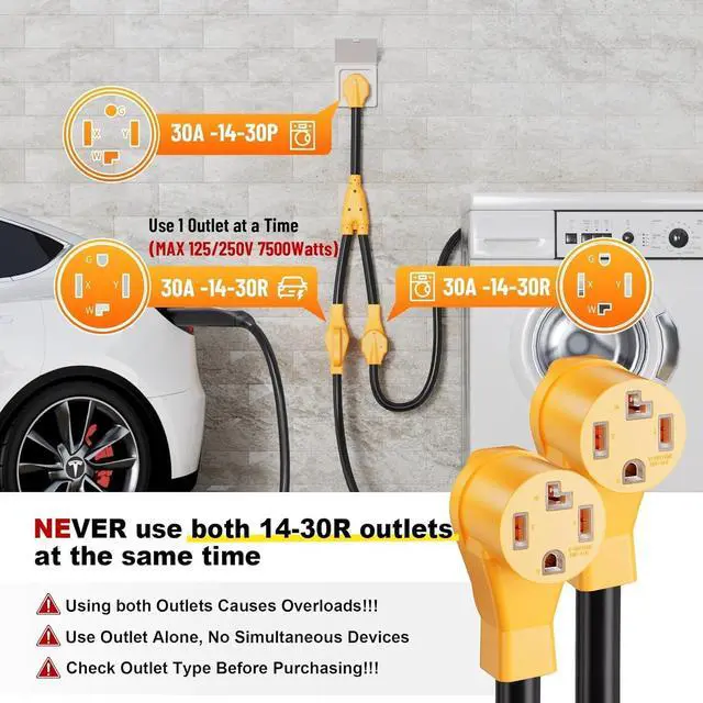 Alt view image 5 of 7 - MECMO 4 Prong Dryer Y Splitter 30 Amp NEMA 14-30P to 2x 14-30R Power Cord Connector Y Adapter, 120V/240V 30A Dual 14-30R Receptacle for 4-Prong 14-30 New Dryer Plug and EV Charger, STW 10 AWG 4C 2.2ft