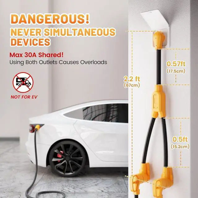 Alt view image 6 of 7 - MECMO 4 Prong Dryer Y Splitter 30 Amp NEMA 14-30P to 2x 14-30R Power Cord Connector Y Adapter, 120V/240V 30A Dual 14-30R Receptacle for 4-Prong 14-30 New Dryer Plug and EV Charger, STW 10 AWG 4C 2.2ft