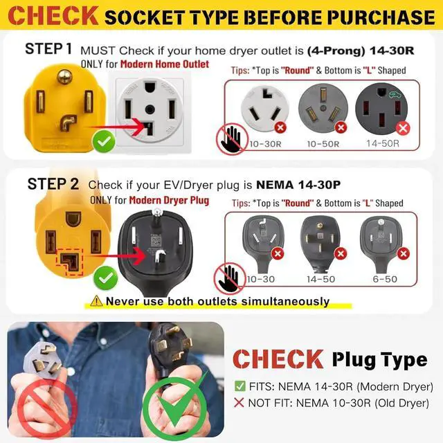 Alt view image 4 of 7 - MECMO 4 Prong Dryer Y Splitter 30 Amp NEMA 14-30P to 2x 14-30R Power Cord Connector Y Adapter, 120V/240V 30A Dual 14-30R Receptacle for 4-Prong 14-30 New Dryer Plug and EV Charger, STW 10 AWG 4C 2.2ft