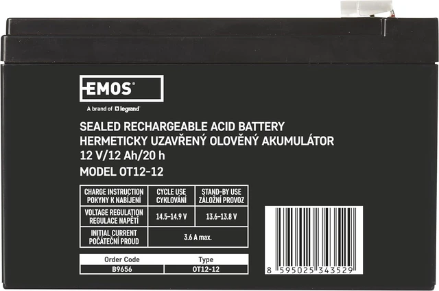 Alt view image 2 of 6 - EMOS Maintenance-free lead-acid battery for hazard detection systems, fire detection technology, UPS elevators, 12 V, 12 Ah