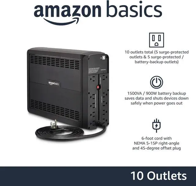 Alt view image 2 of 4 - Amazon Basics Line-Interactive UPS 1500VA 900 Watt Surge Protector Battery Power Backup, 10 Outlets - Black
