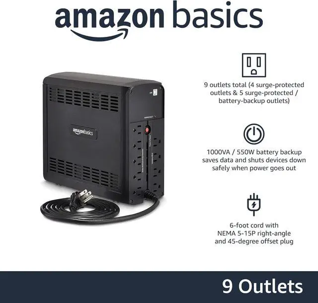 Alt view image 2 of 4 - Amazon Basics Line Interactive UPS 1000VA 550W Surge Protector with Battery Backup, Uninterruptible Battery Power Supply, 9 Outlets, Black