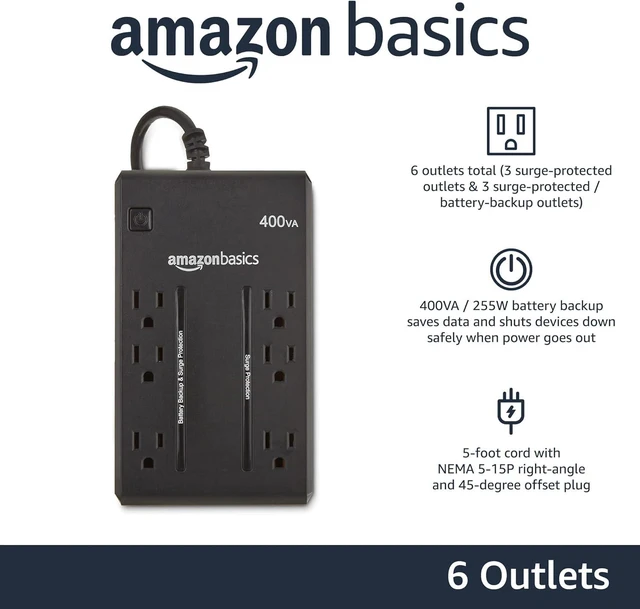 Alt view image 2 of 5 - Amazon Basics Standby UPS Battery Backup 400VA 255W Surge Protector Uninterruptible Power Supply, 6 Outlets for Power Outage Protection, Compact, Black