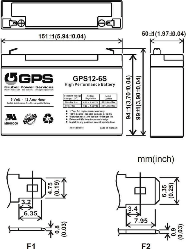 Alt view image 4 of 5 - Gruber Power 6 Volt - 12 AH Battery
